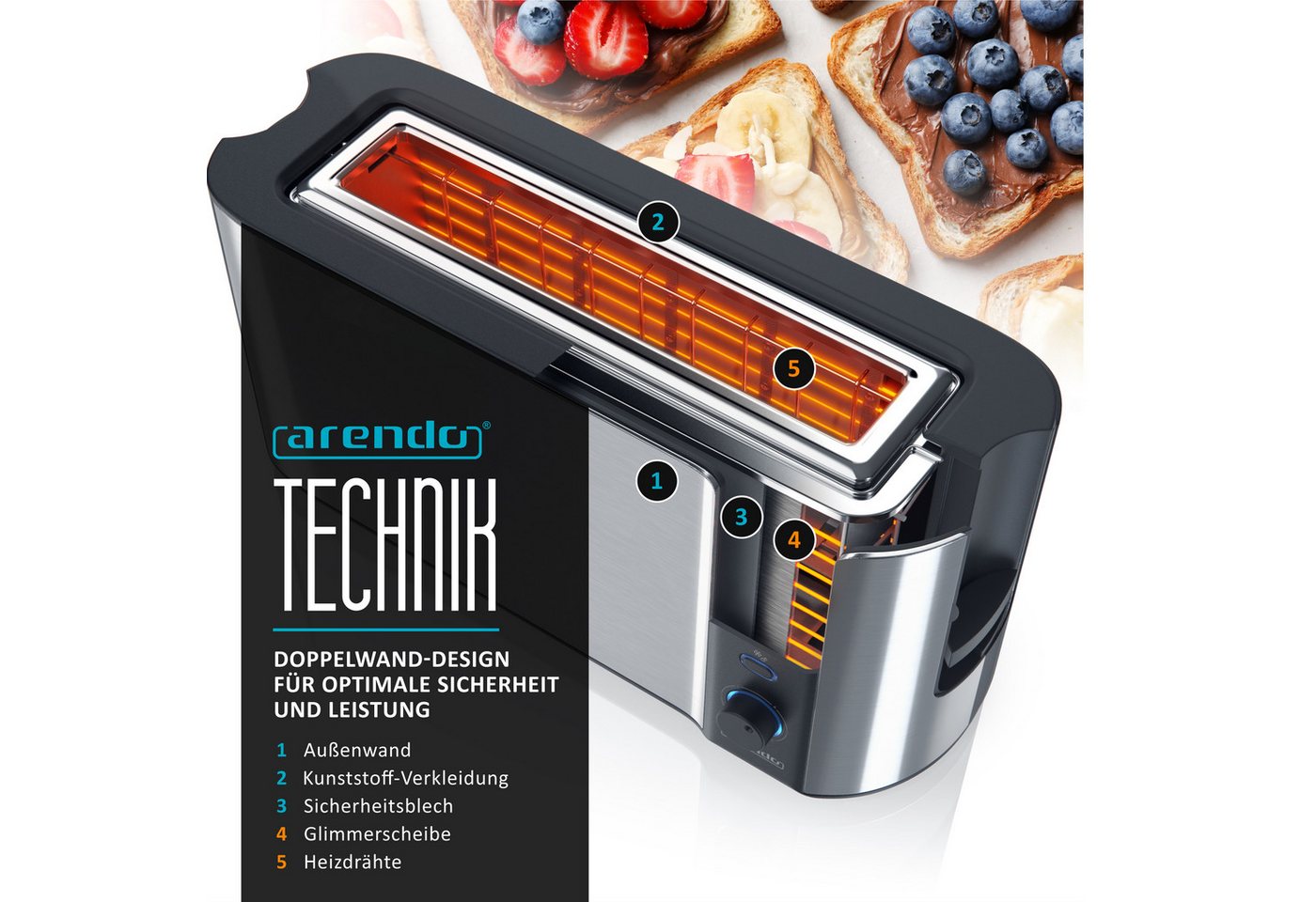Arendo Toaster Edelstahl, Langschlitz, Display mit Restzeitanzeige, Brötchenaufsatz, 1 langer Schlitz, für 2 Scheiben, 1000 W, Defrost Funktion, Wärmeisolierend – Bild 4 von 5