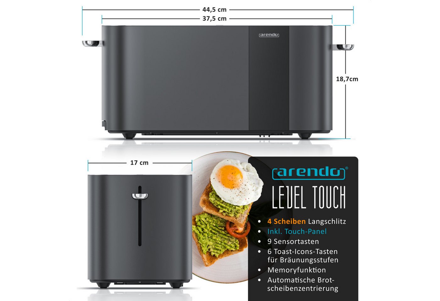 Arendo Toaster Edelstahl, Langschlitz, Touch Display, Restzeit & Bräunungsgradanzeige, 2 lange Schlitze, für 4 Scheiben, 1500 W, Brötchenaufsatz, Wärmeisoliert, – Bild 2 von 5