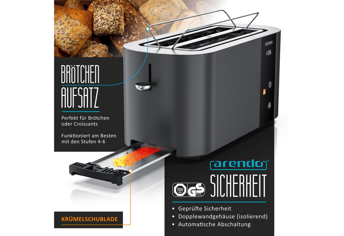 Arendo Toaster Edelstahl, Langschlitz, Touch Display, Restzeit & Bräunungsgradanzeige, 2 lange Schlitze, für 4 Scheiben, 1500 W, Brötchenaufsatz, Wärmeisoliert, – Bild 3 von 5