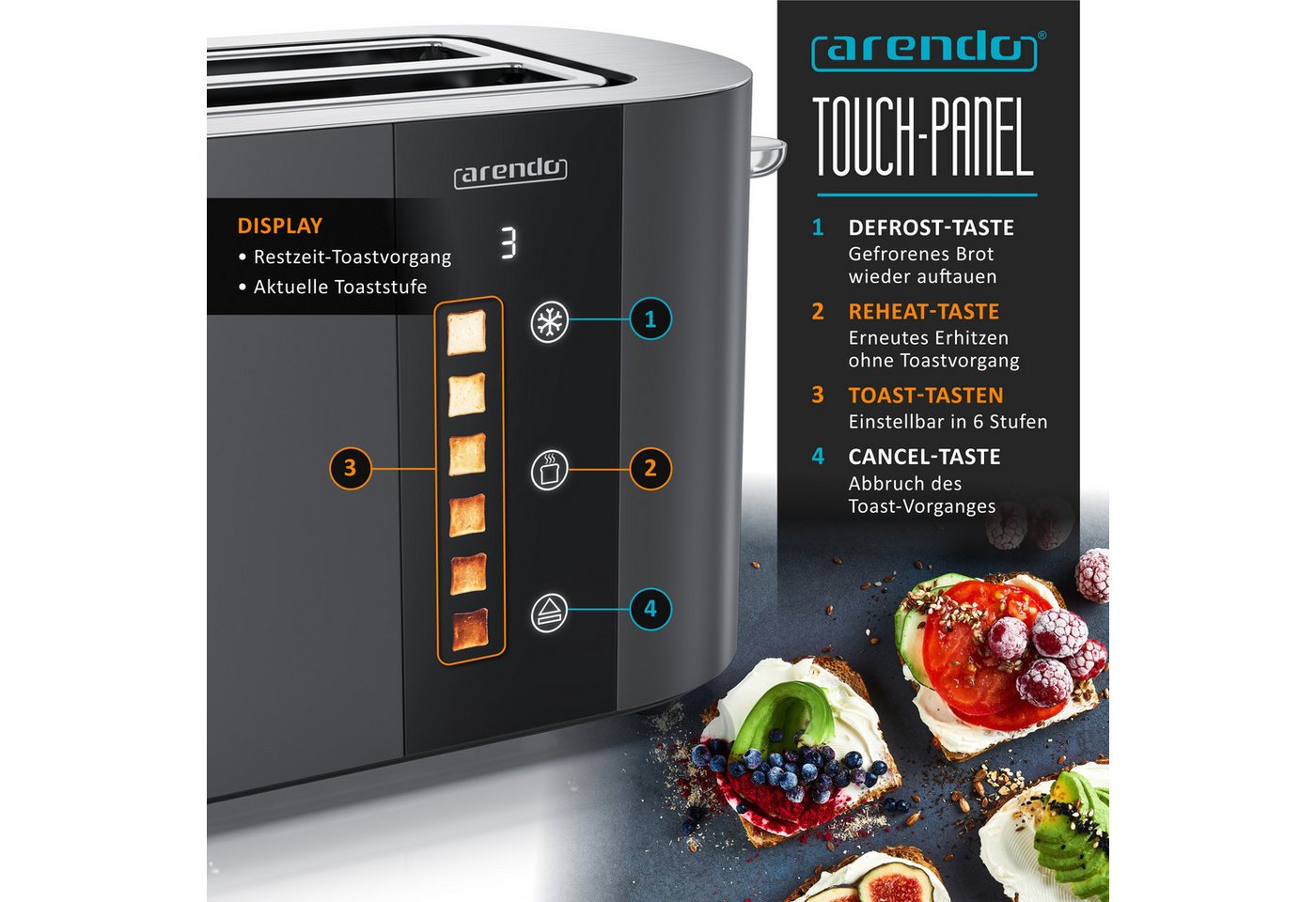 Arendo Toaster Edelstahl, Langschlitz, Touch Display, Restzeit & Bräunungsgradanzeige, 2 lange Schlitze, für 4 Scheiben, 1500 W, Brötchenaufsatz, Wärmeisoliert, – Bild 4 von 5
