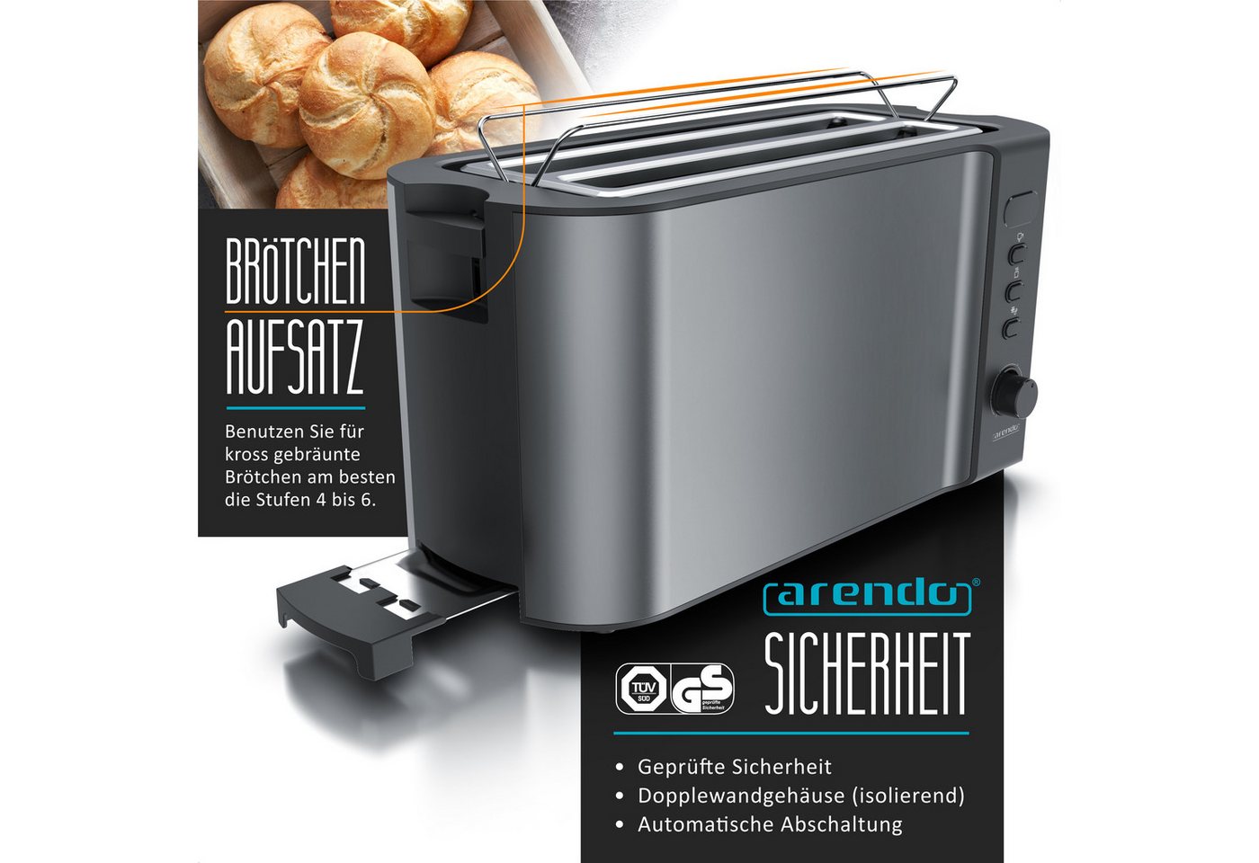 Arendo Toaster Edelstahl, Langschlitz, Display mit Restzeitanzeige, Krümelschublade, 2 lange Schlitze, für 4 Scheiben, 1500 W, Defrost Funktion, Wärmeisolierend – Bild 2 von 5