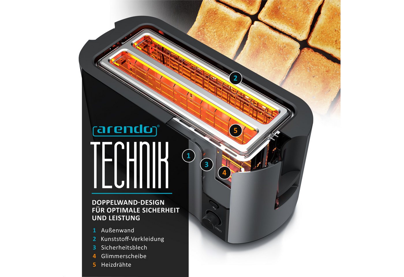 Arendo Toaster Edelstahl, Langschlitz, Display mit Restzeitanzeige, Krümelschublade, 2 lange Schlitze, für 4 Scheiben, 1500 W, Defrost Funktion, Wärmeisolierend – Bild 3 von 5