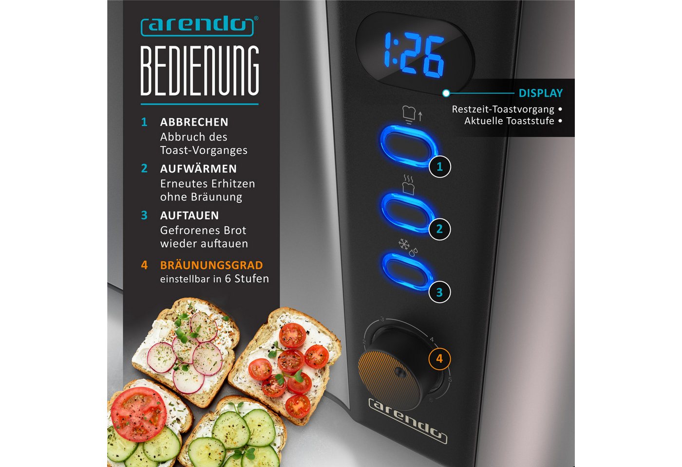 Arendo Toaster Edelstahl, Langschlitz, Display mit Restzeitanzeige, Krümelschublade, 2 lange Schlitze, für 4 Scheiben, 1500 W, Defrost Funktion, Wärmeisolierend – Bild 4 von 5