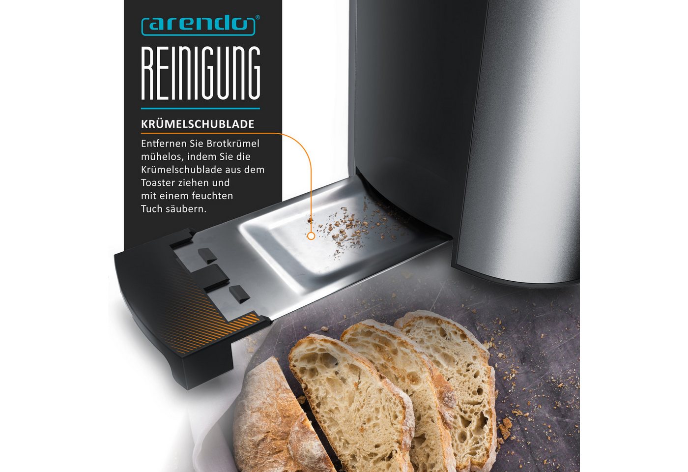 Arendo Toaster Edelstahl, Langschlitz, Display mit Restzeitanzeige, Krümelschublade, 2 lange Schlitze, für 4 Scheiben, 1500 W, Defrost Funktion, Wärmeisolierend – Bild 5 von 5