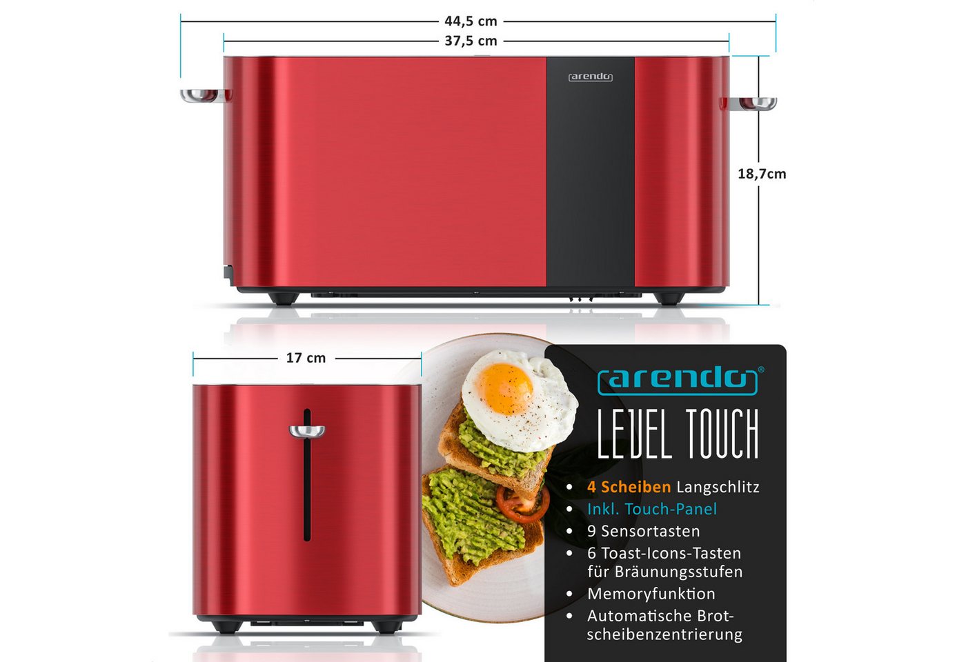 Arendo Toaster Edelstahl 4-Scheiben Langschlitz, Touch, Restzeit Bräunungsgradanzeige, 2 lange Schlitze, für 4 Scheiben, 1500 W, Brötchenaufsatz, Wärmeisoliert, – Bild 2 von 5
