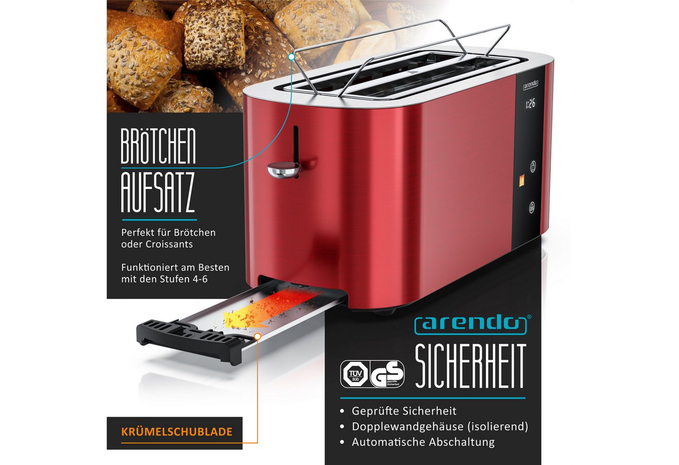 Arendo Toaster Edelstahl 4-Scheiben Langschlitz, Touch, Restzeit Bräunungsgradanzeige, 2 lange Schlitze, für 4 Scheiben, 1500 W, Brötchenaufsatz, Wärmeisoliert, – Bild 3 von 5