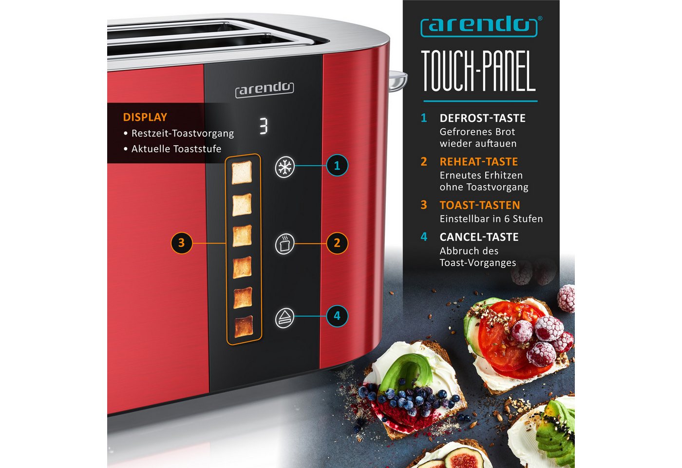 Arendo Toaster Edelstahl 4-Scheiben Langschlitz, Touch, Restzeit Bräunungsgradanzeige, 2 lange Schlitze, für 4 Scheiben, 1500 W, Brötchenaufsatz, Wärmeisoliert, – Bild 4 von 5