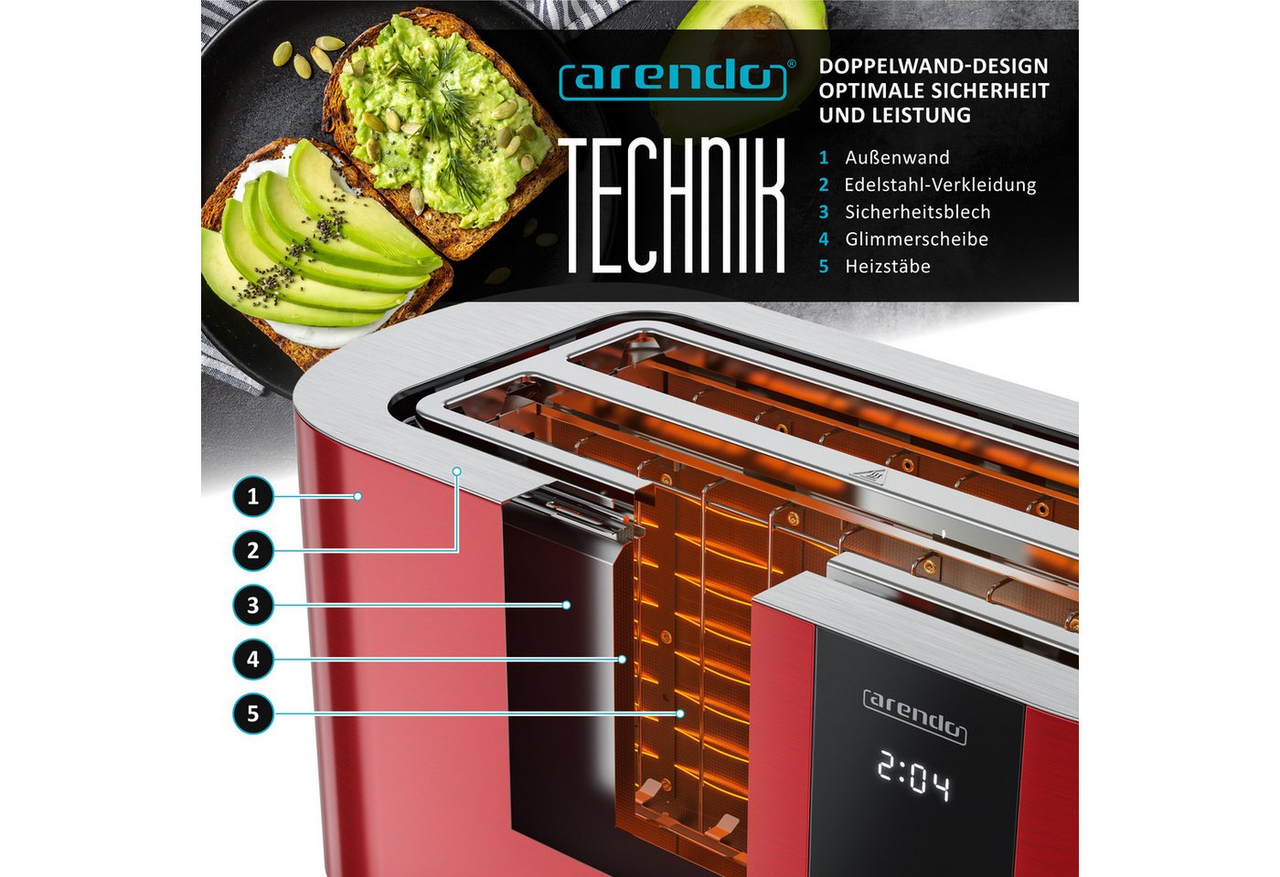 Arendo Toaster Edelstahl 4-Scheiben Langschlitz, Touch, Restzeit Bräunungsgradanzeige, 2 lange Schlitze, für 4 Scheiben, 1500 W, Brötchenaufsatz, Wärmeisoliert, – Bild 5 von 5