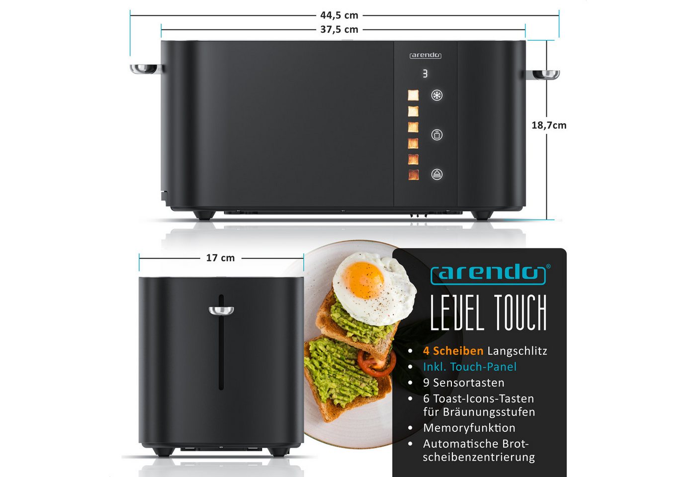 Arendo Toaster Edelstahl 4-Scheiben Langschlitz, Touch, Restzeit Bräunungsgradanzeige, 2 lange Schlitze, für 4 Scheiben, 1500 W, Brötchenaufsatz, Wärmeisoliert, – Bild 2 von 5