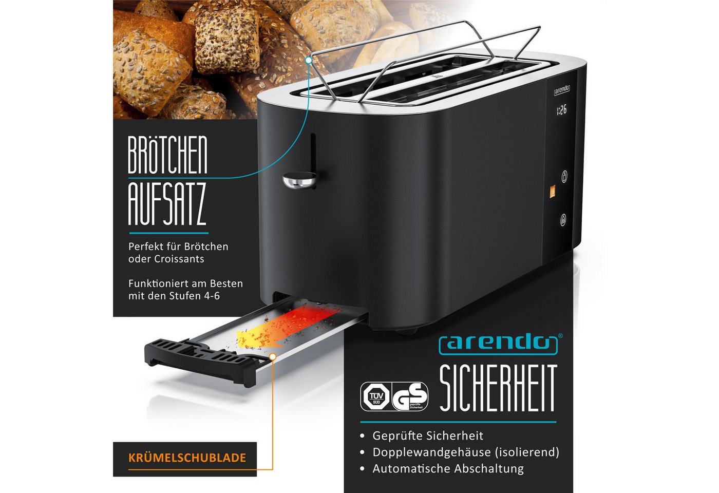 Arendo Toaster Edelstahl 4-Scheiben Langschlitz, Touch, Restzeit Bräunungsgradanzeige, 2 lange Schlitze, für 4 Scheiben, 1500 W, Brötchenaufsatz, Wärmeisoliert, – Bild 3 von 5