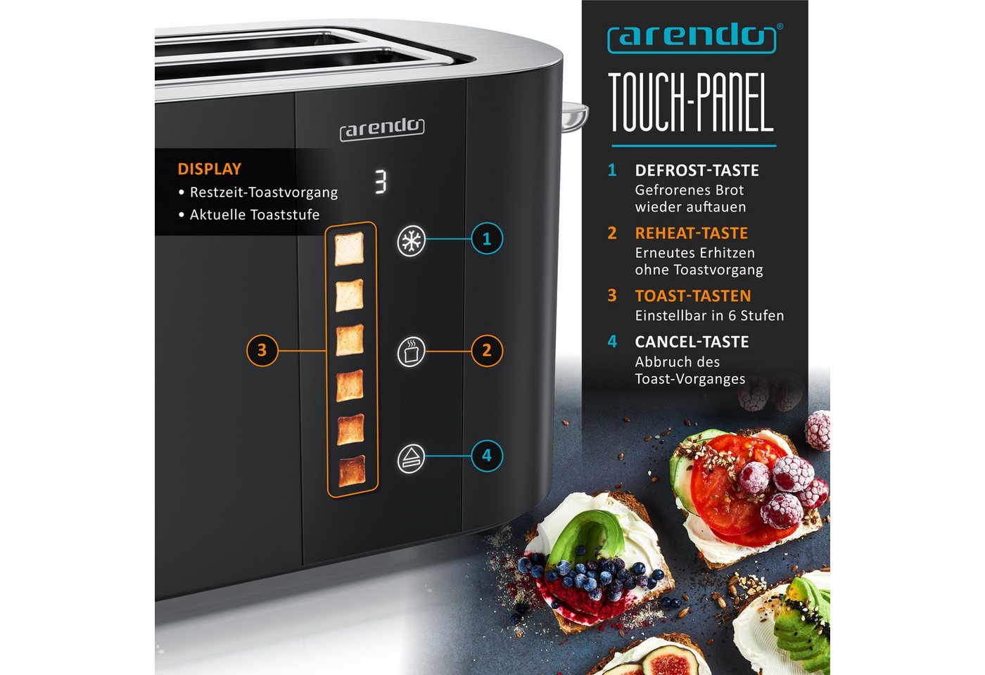 Arendo Toaster Edelstahl 4-Scheiben Langschlitz, Touch, Restzeit Bräunungsgradanzeige, 2 lange Schlitze, für 4 Scheiben, 1500 W, Brötchenaufsatz, Wärmeisoliert, – Bild 4 von 5