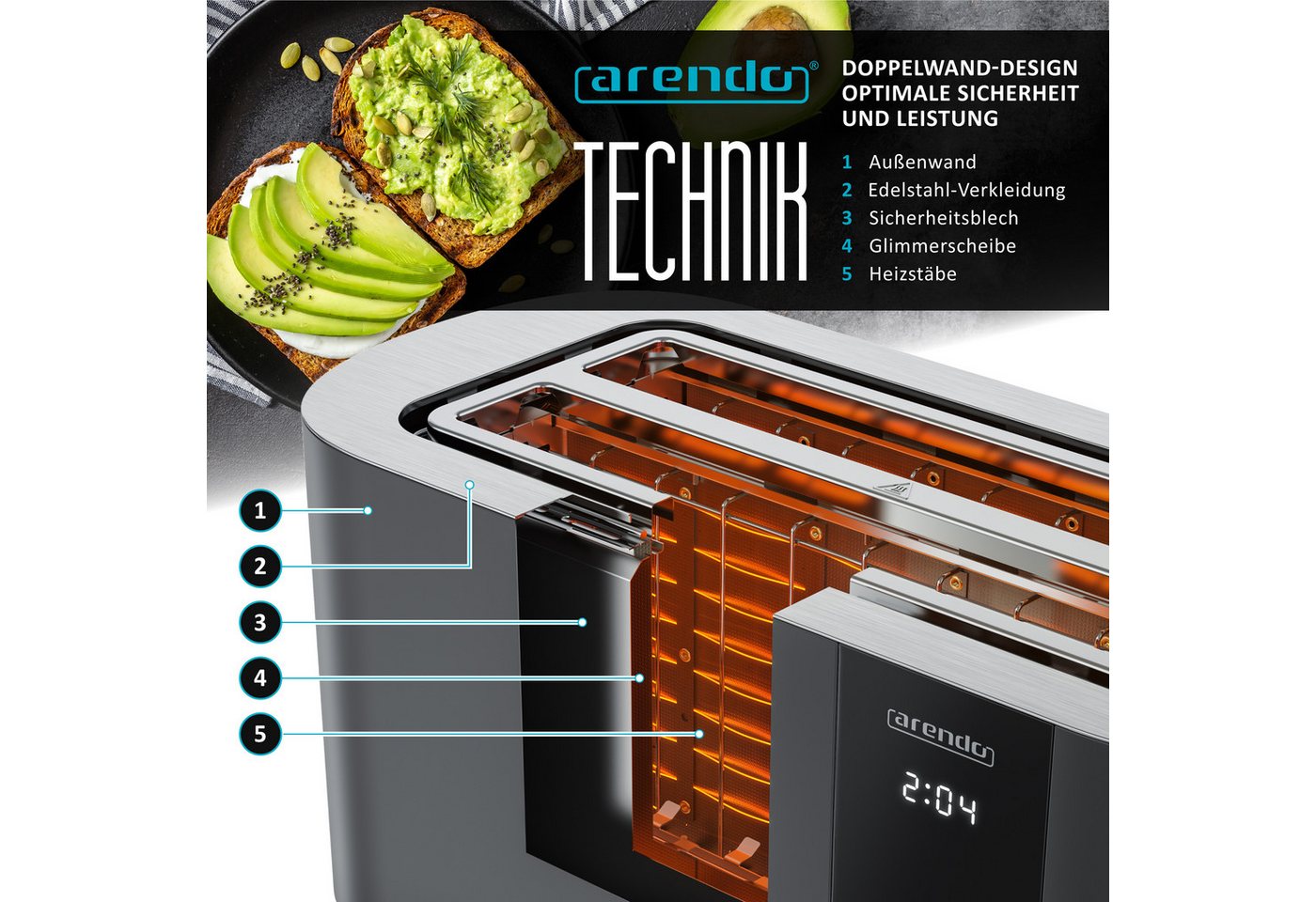Arendo Toaster Edelstahl 4-Scheiben Langschlitz, Touch, Restzeit Bräunungsgradanzeige, 2 lange Schlitze, für 4 Scheiben, 1500 W, Brötchenaufsatz, Wärmeisoliert, – Bild 5 von 5