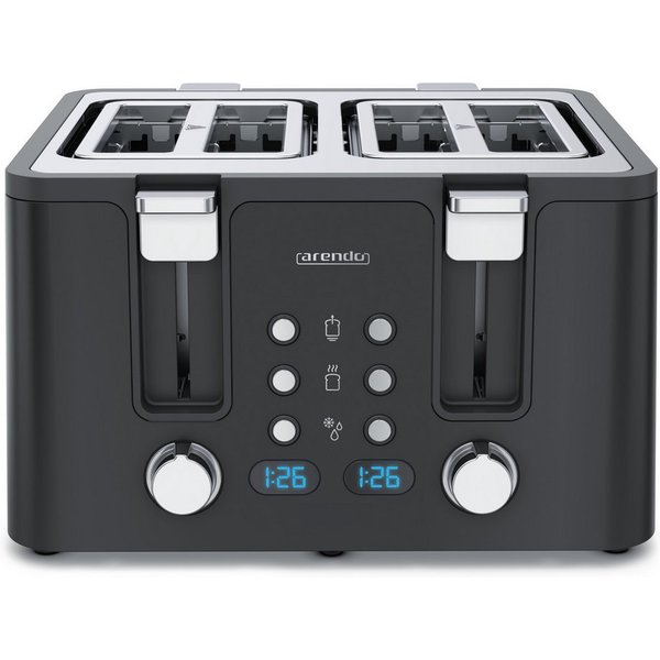 Arendo Toaster Edelstahl, Brötchenaufsatz, Restzeitanzeige, Schwarz, 4 kurze Schlitze, für 4 Scheiben, 1750 W, Doppelwandgehäuse, Defrost Funktion, Krümelschubl