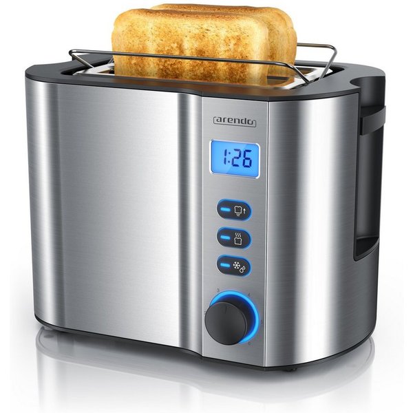 Arendo Toaster Edelstahl, 2 Scheiben Kurz, Kurzschlitz, Display, Restzeitanzeige, 2 kurze Schlitze, für 2 Scheiben, 800 W, Integrierter Brötchenaufsatz, Doppelw