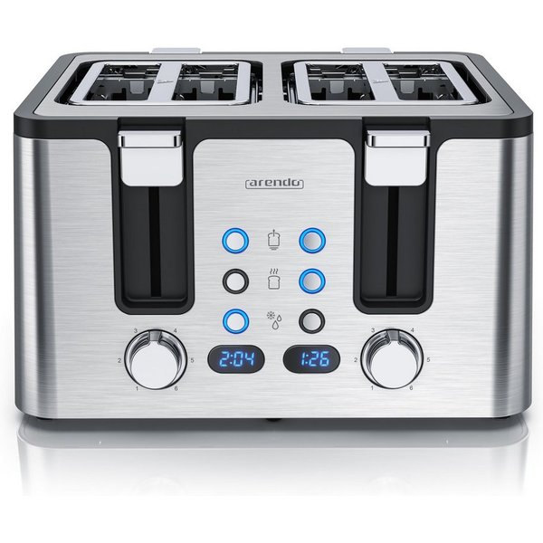Arendo Toaster Edelstahl, Brötchenaufsatz, Restzeitanzeige, Silber, 4 kurze Schlitze, für 4 Scheiben, 1750 W, Doppelwandgehäuse, Defrost Funktion, Krümelschubla
