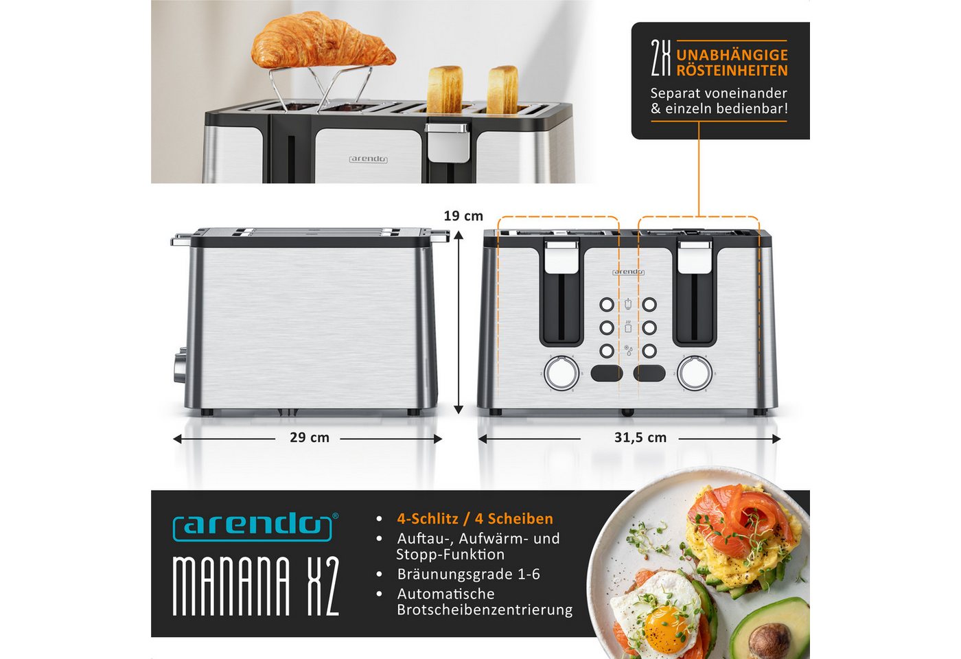 Arendo Toaster Edelstahl, Brötchenaufsatz, Restzeitanzeige, Silber, 4 kurze Schlitze, für 4 Scheiben, 1750 W, Doppelwandgehäuse, Defrost Funktion, Krümelschubla – Bild 2 von 5