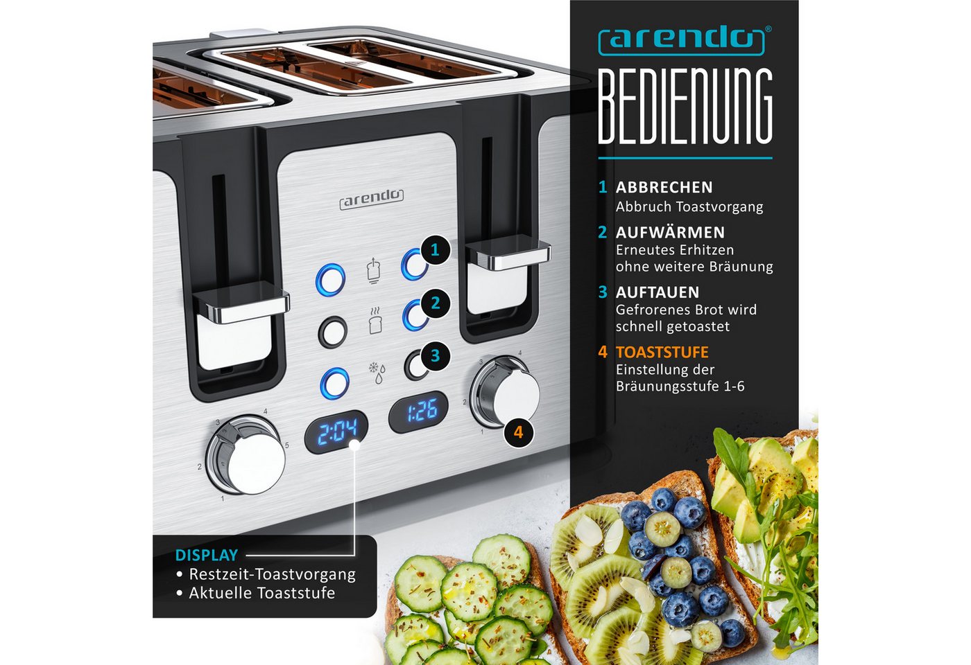Arendo Toaster Edelstahl, Brötchenaufsatz, Restzeitanzeige, Silber, 4 kurze Schlitze, für 4 Scheiben, 1750 W, Doppelwandgehäuse, Defrost Funktion, Krümelschubla – Bild 3 von 5