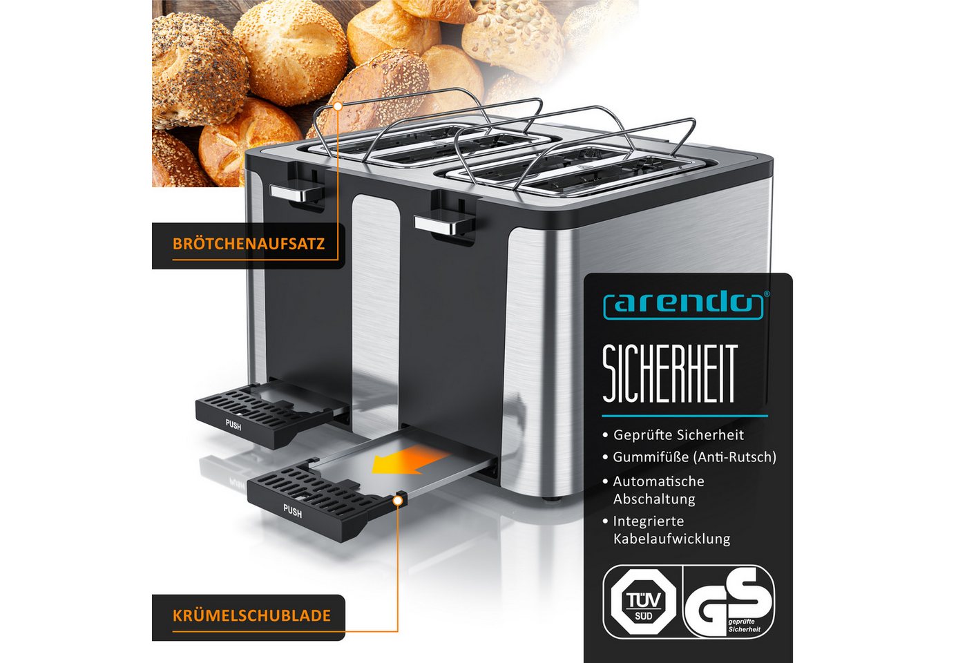 Arendo Toaster Edelstahl, Brötchenaufsatz, Restzeitanzeige, Silber, 4 kurze Schlitze, für 4 Scheiben, 1750 W, Doppelwandgehäuse, Defrost Funktion, Krümelschubla – Bild 4 von 5