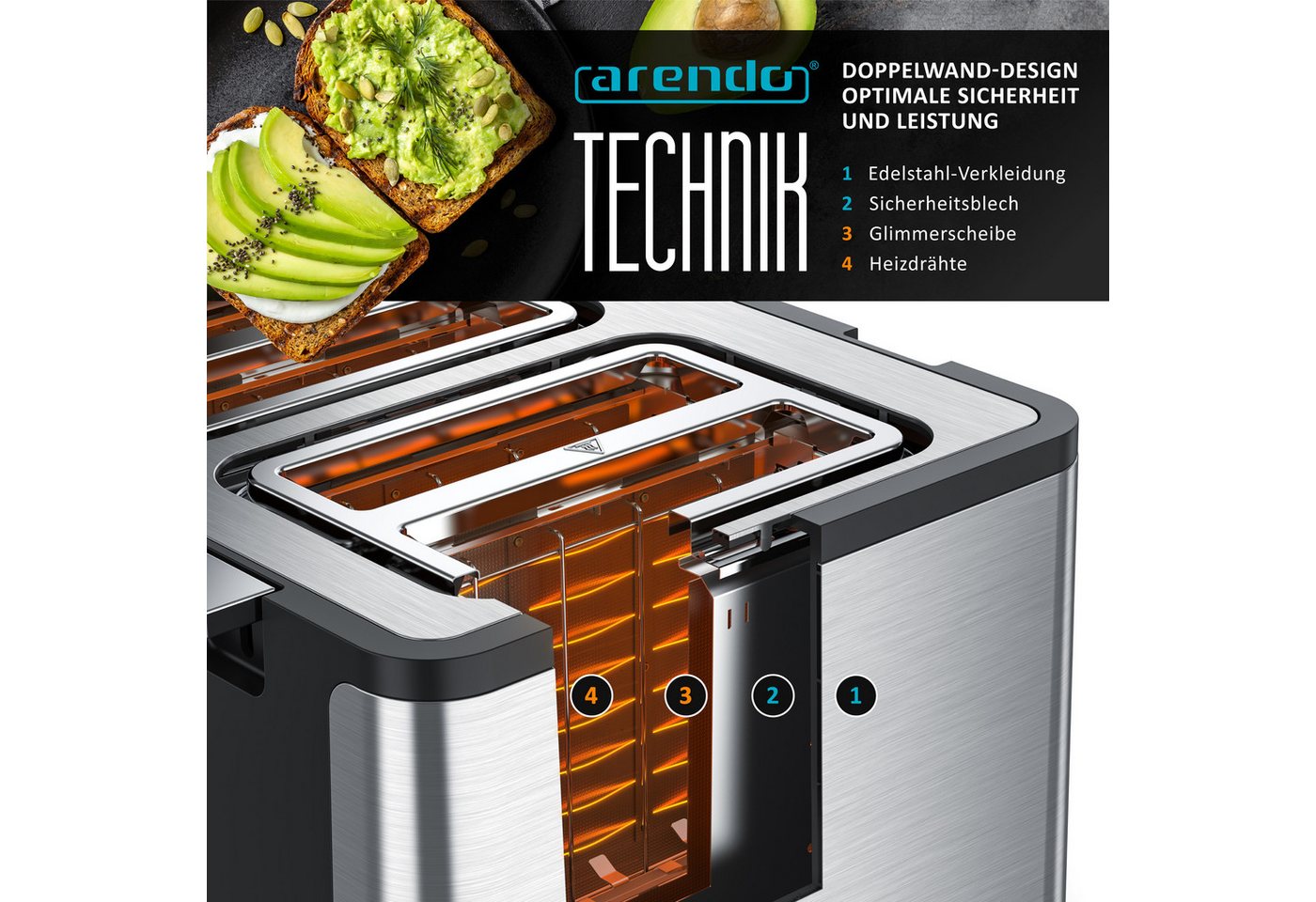 Arendo Toaster Edelstahl, Brötchenaufsatz, Restzeitanzeige, Silber, 4 kurze Schlitze, für 4 Scheiben, 1750 W, Doppelwandgehäuse, Defrost Funktion, Krümelschubla – Bild 5 von 5