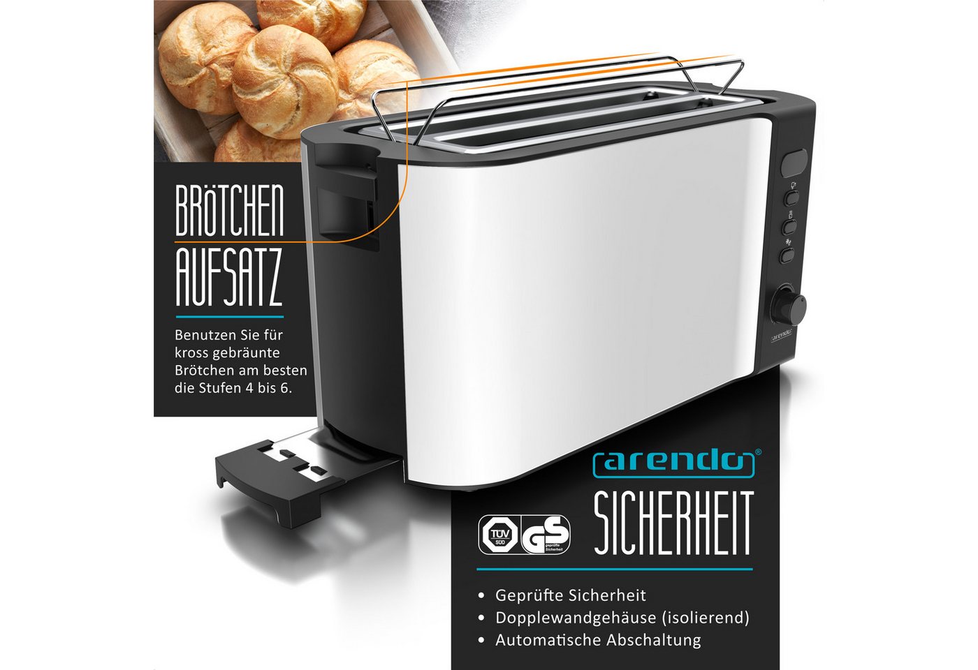 Arendo Toaster Edelstahl, Langschlitz, Display mit Restzeitanzeige, Krümelschublade, 2 lange Schlitze, für 4 Scheiben, 1500 W, Defrost Funktion, Wärmeisolierend – Bild 2 von 5