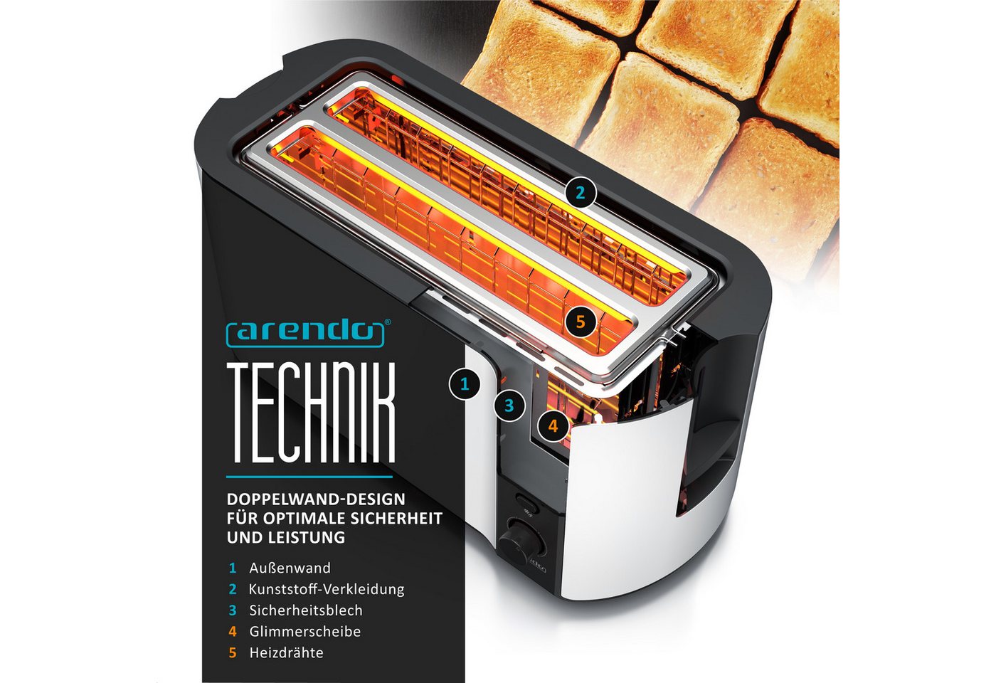 Arendo Toaster Edelstahl, Langschlitz, Display mit Restzeitanzeige, Krümelschublade, 2 lange Schlitze, für 4 Scheiben, 1500 W, Defrost Funktion, Wärmeisolierend – Bild 4 von 5