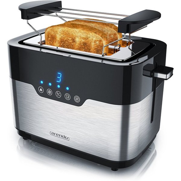 Arendo Toaster Edelstahl, mit LED Anzeige, Brötchenaufsatz, extra breite Schlitze, 2 Schlitze, für 2 Scheiben, 920 W, Doppelwand, Krümelschublade, einseitige Br