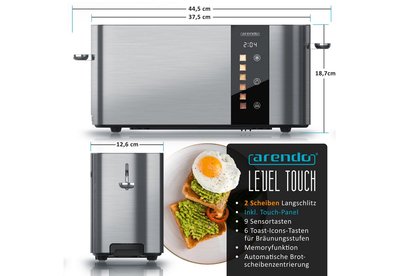 Arendo Toaster Edelstahl, Langschlitz, Touch Display, Restzeit & Bräunungsgradanzeige, 1 langer Schlitz, für 2 Scheiben, 1000 W, Brötchenaufsatz, Wärmeisoliert, – Bild 2 von 5