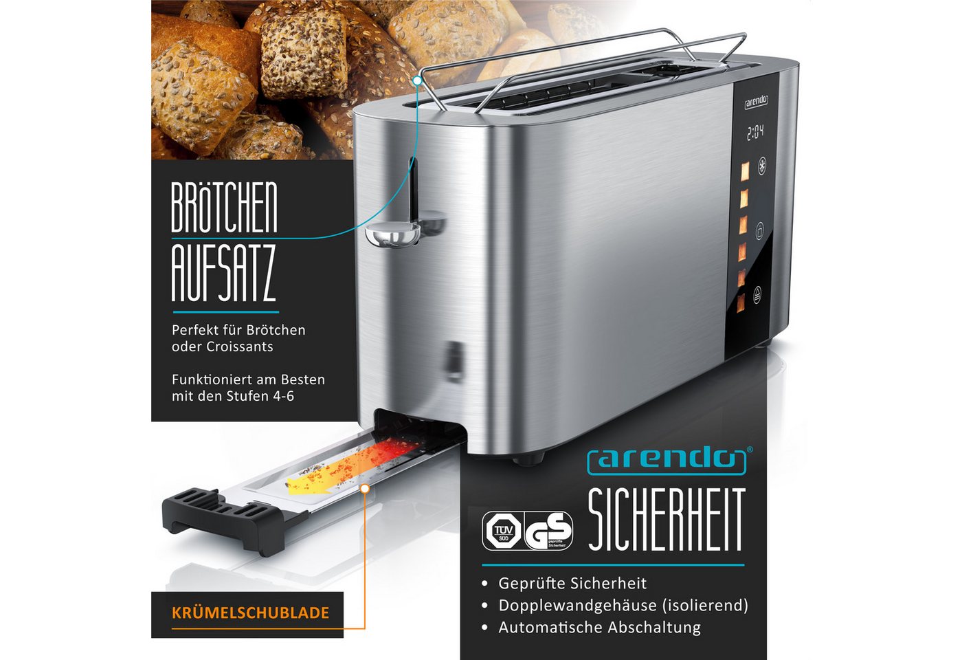 Arendo Toaster Edelstahl, Langschlitz, Touch Display, Restzeit & Bräunungsgradanzeige, 1 langer Schlitz, für 2 Scheiben, 1000 W, Brötchenaufsatz, Wärmeisoliert, – Bild 3 von 5