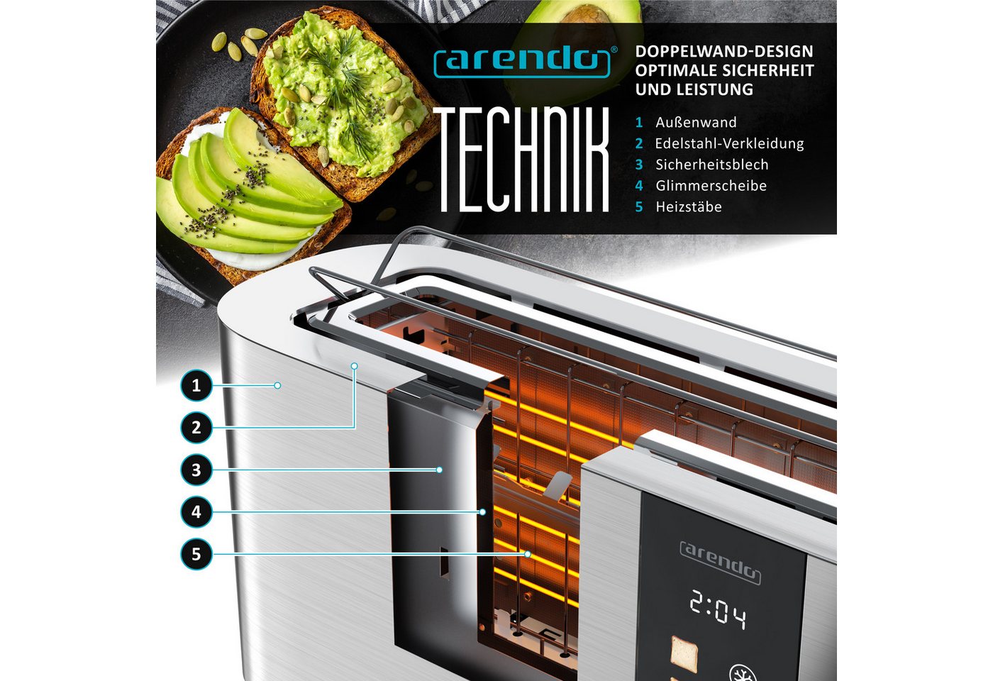 Arendo Toaster Edelstahl, Langschlitz, Touch Display, Restzeit & Bräunungsgradanzeige, 1 langer Schlitz, für 2 Scheiben, 1000 W, Brötchenaufsatz, Wärmeisoliert, – Bild 5 von 5