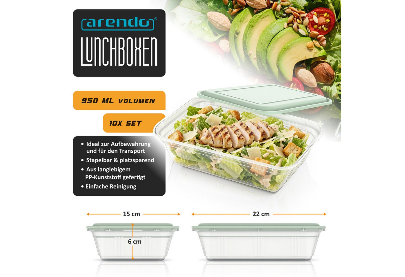 Arendo Vorratsdose Meal Prep Box 950 ml, 10er Set, je 1 Fach, für Büro, Fitness & Küche, Polyprophylen (PP), (Set, 10-tlg., 10er Set Meal Prep Boxen), mit Decke – Bild 2 von 5