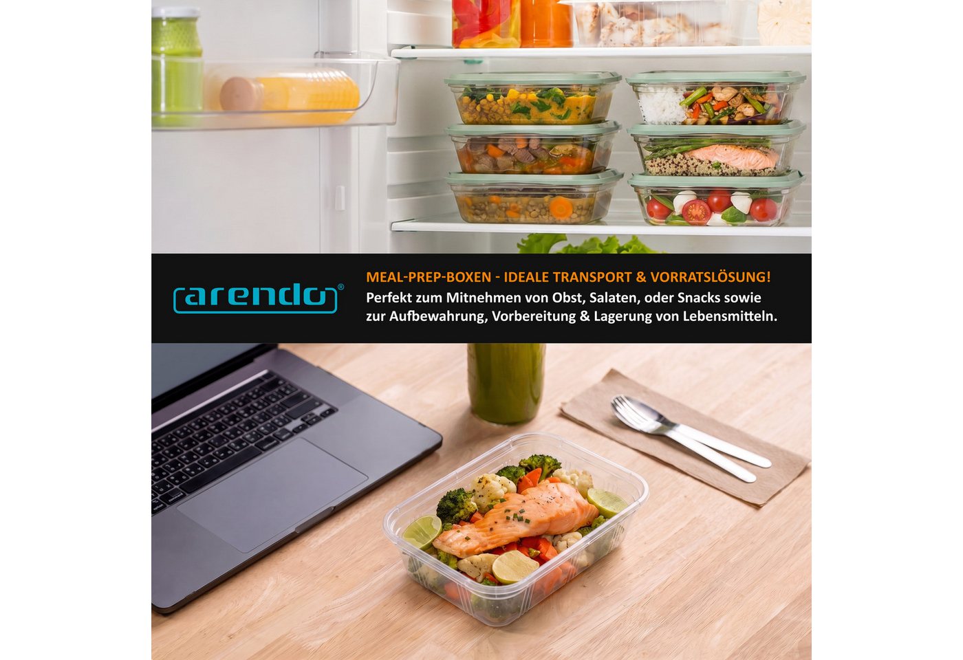 Arendo Vorratsdose Meal Prep Box 950 ml, 10er Set, je 1 Fach, für Büro, Fitness & Küche, Polyprophylen (PP), (Set, 10-tlg., 10er Set Meal Prep Boxen), mit Decke – Bild 3 von 5