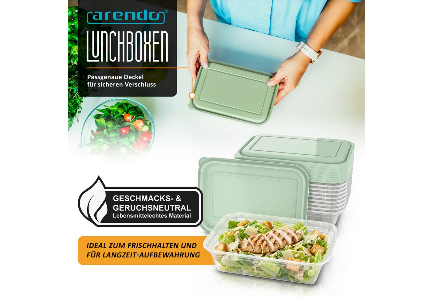 Arendo Vorratsdose Meal Prep Box 950 ml, 10er Set, je 1 Fach, für Büro, Fitness & Küche, Polyprophylen (PP), (Set, 10-tlg., 10er Set Meal Prep Boxen), mit Decke – Bild 4 von 5