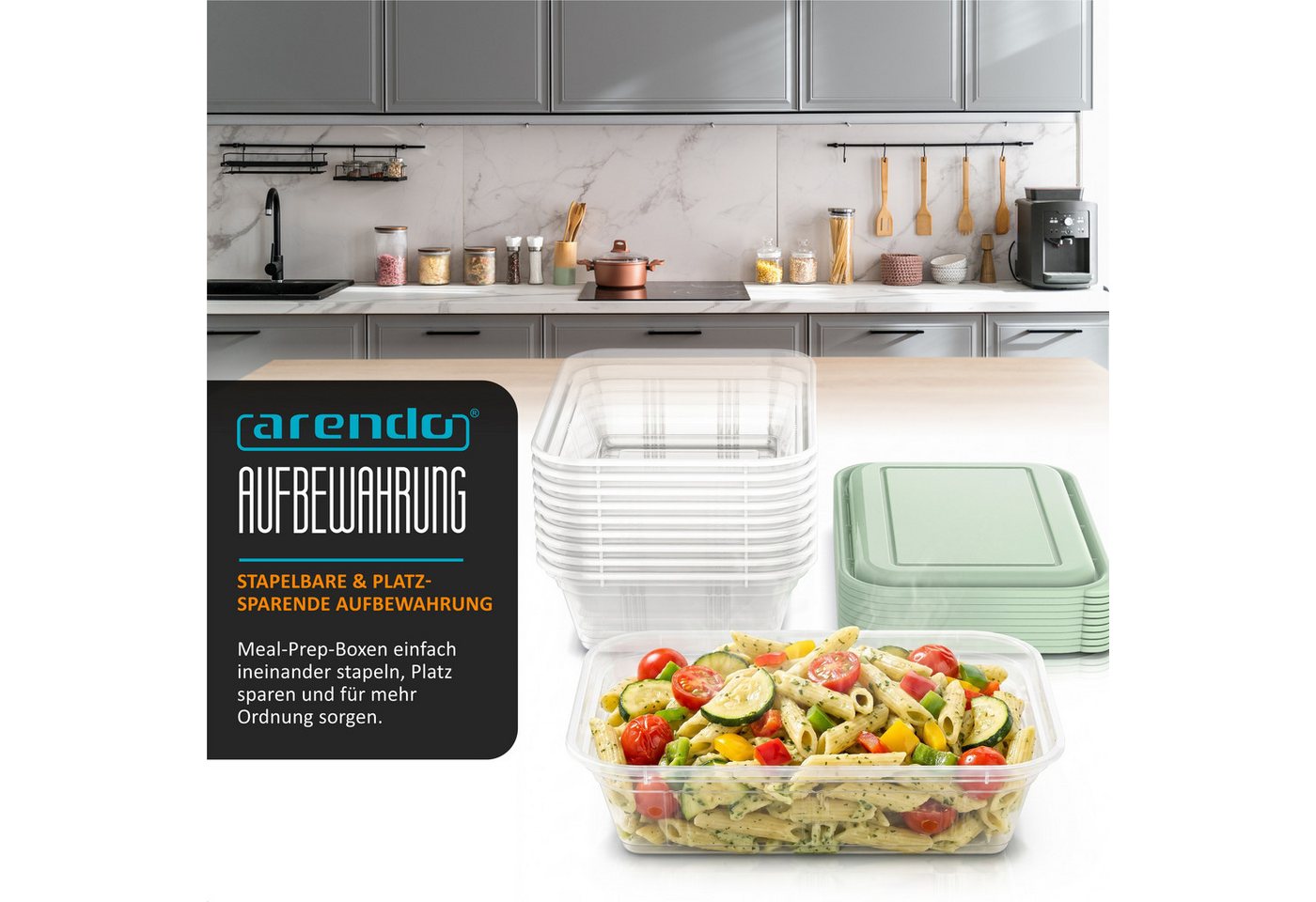 Arendo Vorratsdose Meal Prep Box 950 ml, 10er Set, je 1 Fach, für Büro, Fitness & Küche, Polyprophylen (PP), (Set, 10-tlg., 10er Set Meal Prep Boxen), mit Decke – Bild 5 von 5