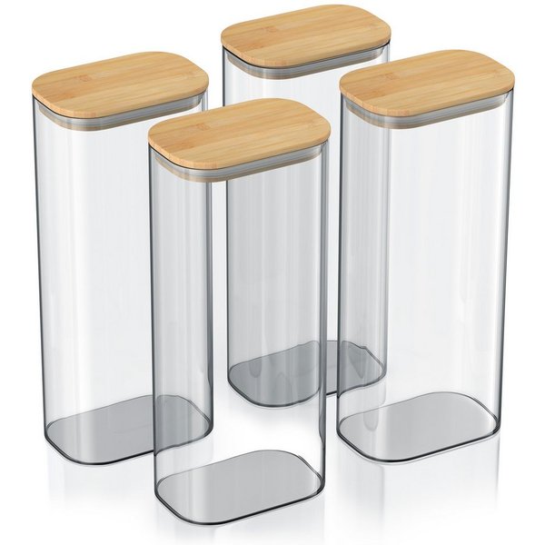Arendo Vorratsglas eckig mit Bambusdeckel und Silikondichtung, luftdicht, Borosilikatglas, (Packung, 4-tlg., 4 x 2250 ml), Glas gefrier-, mikrowellen- & spülmas