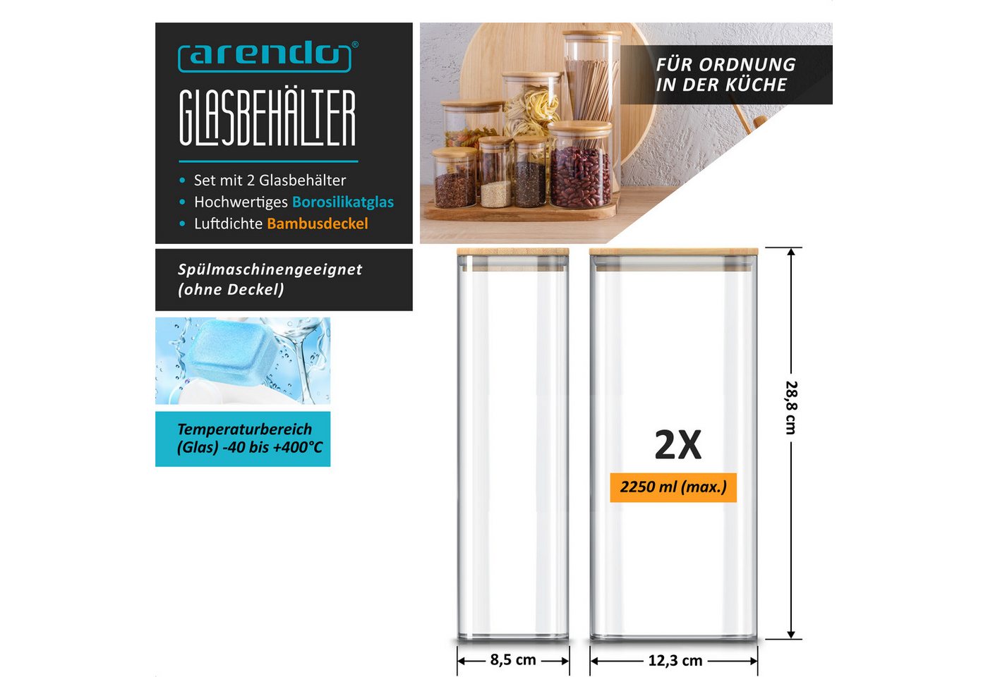 Arendo Vorratsglas eckig mit Bambusdeckel und Silikondichtung, luftdicht, Borosilikatglas, (Packung, 4-tlg., 4 x 2250 ml), Glas gefrier-, mikrowellen- & spülmas – Bild 3 von 5