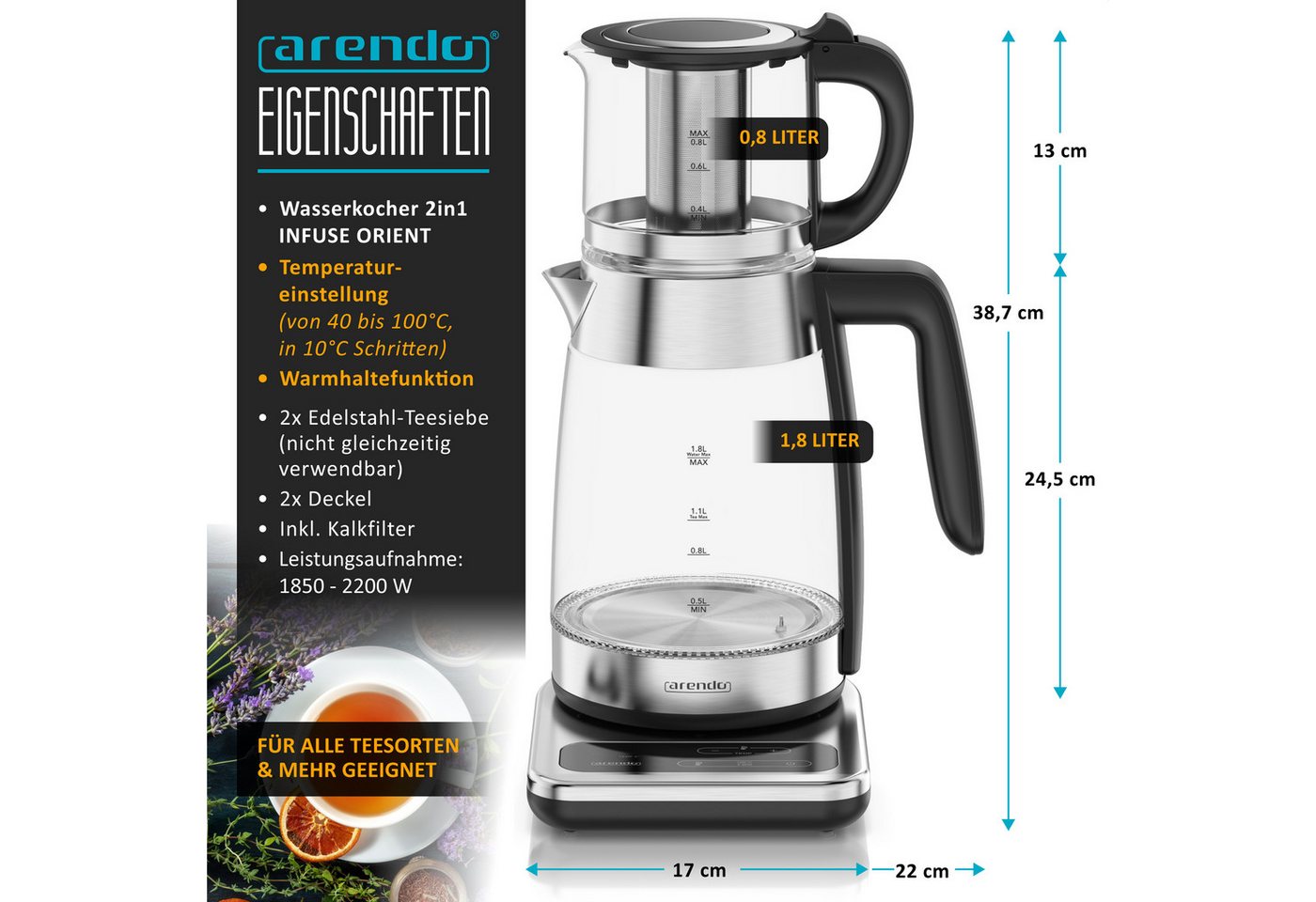 Arendo Wasserkocher 2in1 Glas-Teebereiter & Samowar mit Temperatureinstellung 40°-100°C, 1.8 l, 2200 W, Edelstahl, 2in1 Teestation, 1,8L & 0,8L, 40-100°C, 2h Wa – Bild 2 von 5