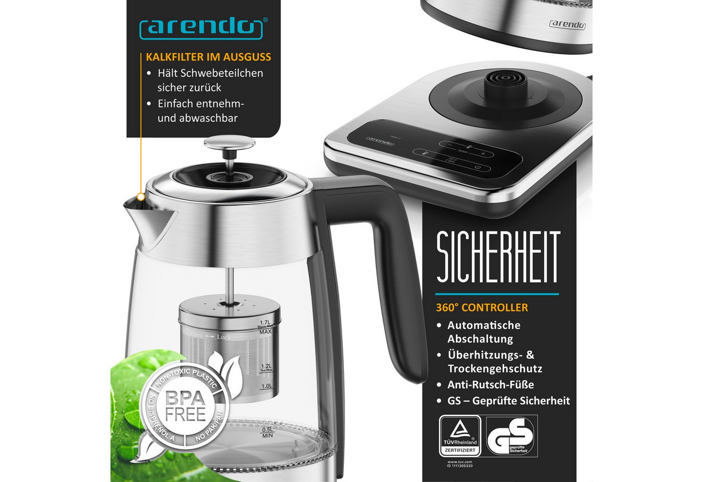 Arendo Wasserkocher 2in1 Glas-Teebereiter & Samowar mit Temperatureinstellung 40°-100°C, 1.8 l, 2200 W, Edelstahl, 2in1 Teestation, 1,8L & 0,8L, 40-100°C, 2h Wa – Bild 3 von 5