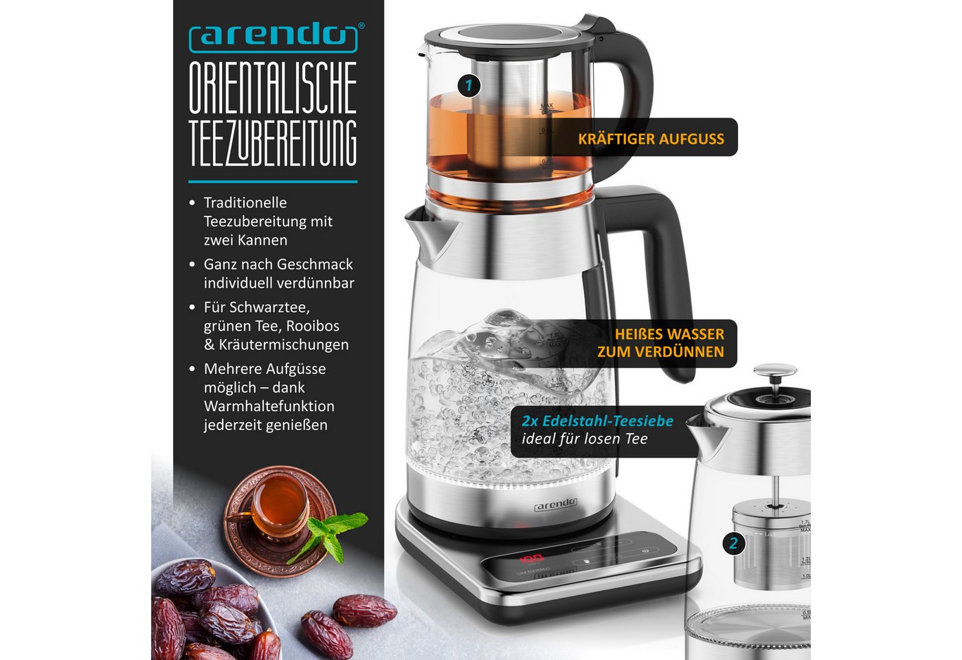 Arendo Wasserkocher 2in1 Glas-Teebereiter & Samowar mit Temperatureinstellung 40°-100°C, 1.8 l, 2200 W, Edelstahl, 2in1 Teestation, 1,8L & 0,8L, 40-100°C, 2h Wa – Bild 4 von 5