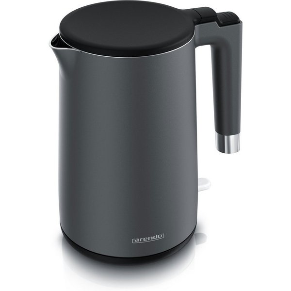 Arendo Wasserkocher aus Edelstahl, Doppelwand-Design, 360° Controller, Cool Grey Matt, 1,5 l, 2200 W, Teekocher, Cool-Touch-Griff, Überhitzungsschutz, BPA-frei,
