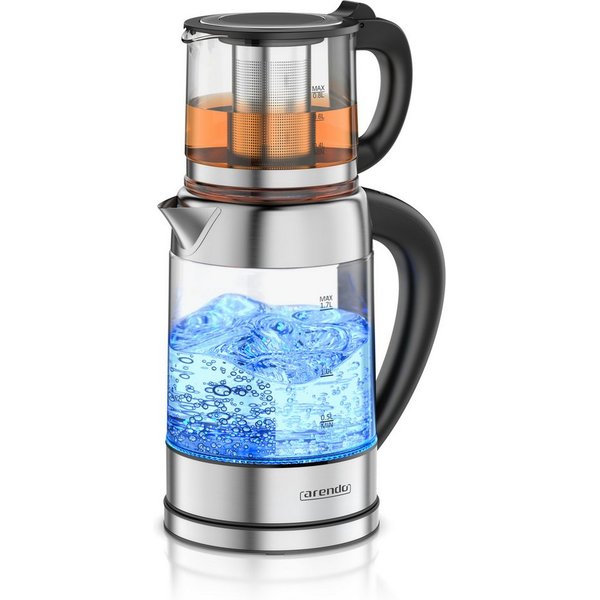 Arendo Wasserkocher aus Glas & Edelstahl, mit Temperatureinstellung und Teesieb, Teekocher, 1,7 l, 2200 W, Temperaturwahl 40 - 100 °C, Warmhaltefunktion, LED-Fa