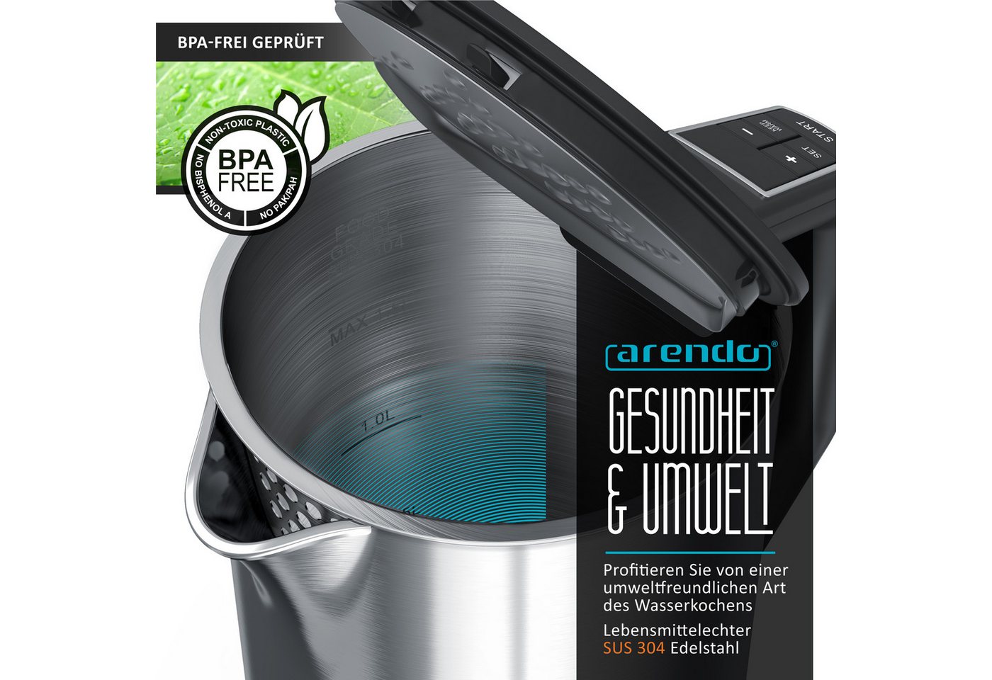 Arendo Wasserkocher Doppelwand, Edelstahl, Temperatureinstellung 40°–100°C mit Anzeige, 1,5 l, 2200 W, in 5 °C-Schritten einstellbar, Teekocher mit Temperaturan – Bild 3 von 5