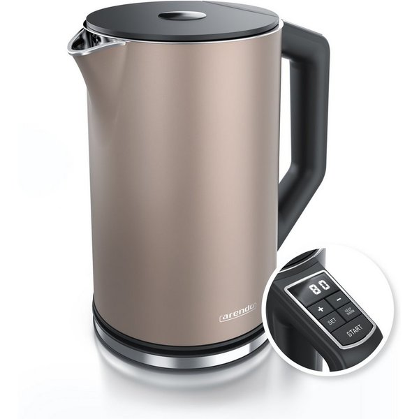 Arendo Wasserkocher Doppelwand, Edelstahl, Temperatureinstellung 40°–100°C mit Anzeige, 1,5 l, 2200 W, in 5 °C-Schritten einstellbar, Teekocher mit Temperaturan