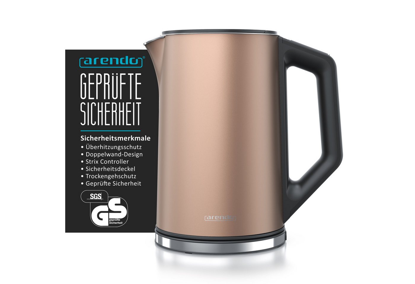 Arendo Wasserkocher Doppelwand, Edelstahl, Temperatureinstellung 40°–100°C mit Anzeige, 1,5 l, 2200 W, in 5 °C-Schritten einstellbar, Teekocher mit Temperaturan – Bild 2 von 5