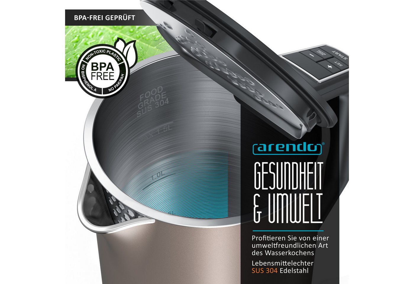 Arendo Wasserkocher Doppelwand, Edelstahl, Temperatureinstellung 40°–100°C mit Anzeige, 1,5 l, 2200 W, in 5 °C-Schritten einstellbar, Teekocher mit Temperaturan – Bild 3 von 5