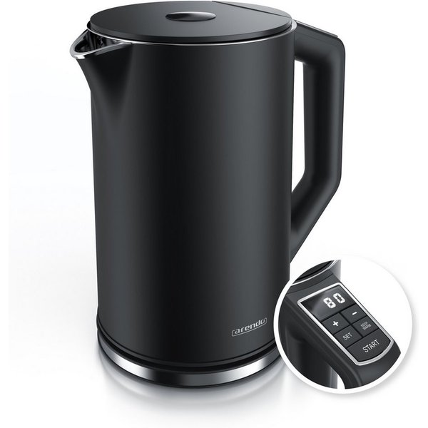 Arendo Wasserkocher Doppelwand, Edelstahl, Temperatureinstellung 40°–100°C mit Anzeige, 1,5 l, 2200 W, in 5 °C-Schritten einstellbar, Teekocher mit Temperaturan