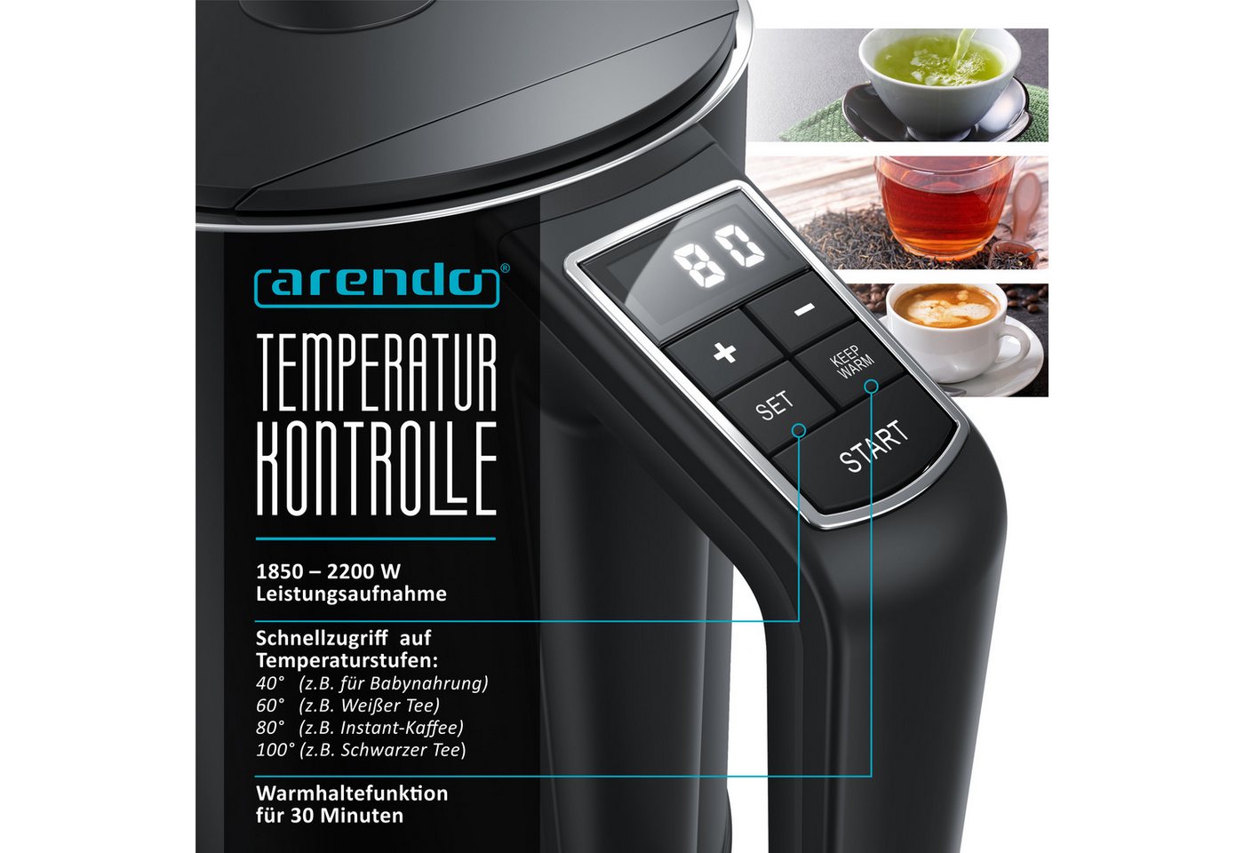 Arendo Wasserkocher Doppelwand, Edelstahl, Temperatureinstellung 40°–100°C mit Anzeige, 1,5 l, 2200 W, in 5 °C-Schritten einstellbar, Teekocher mit Temperaturan – Bild 5 von 5