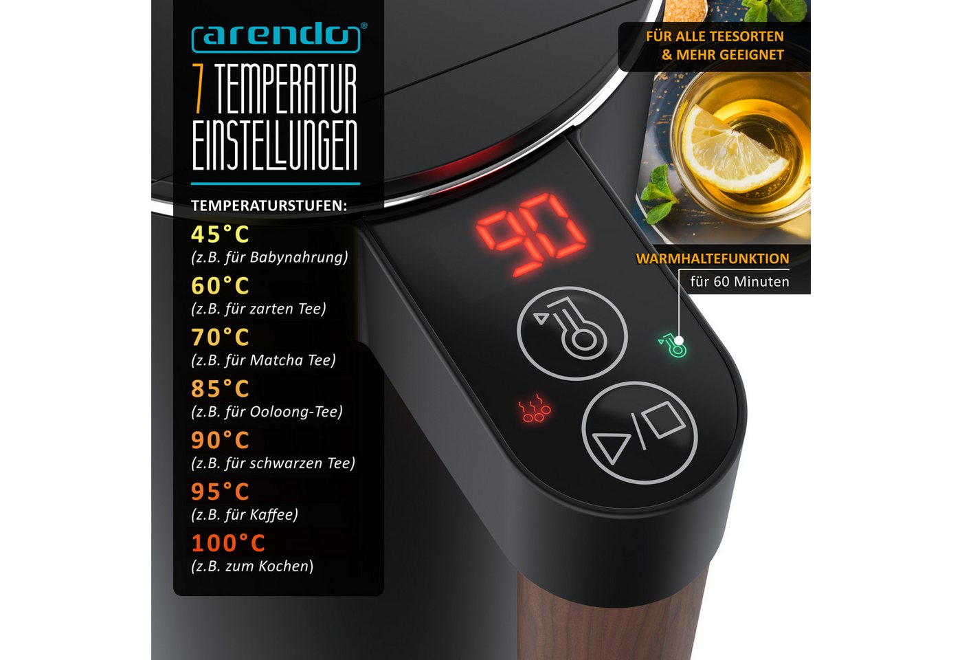 Arendo Wasserkocher Edelstahl, Doppelwand, Temperatureinstellung 45° - 100 °C mit Anzeige, 1,5 l, 2200 W, Warmhaltefunktion, 360° Basis, mit Griff in Holzoptik, – Bild 3 von 5
