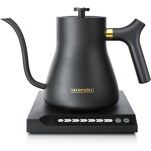 Arendo Wasserkocher Edelstahl, Schwanenhals, mit Temperatureinstellung, Warmhaltefunktion, 0,5 l, 1000 W, Temperaturwahl 40° - 100°, 360° Basis, Retro Design, S