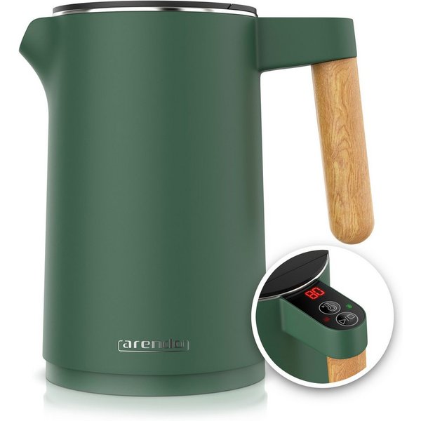 Arendo Wasserkocher Edelstahl, Doppelwand, Temperatureinstellung 40° - 100 °C mit Anzeige, 1,5 l, 2200 W, Warmhaltefunktion, 360° Basis, mit Griff in Holzoptik,