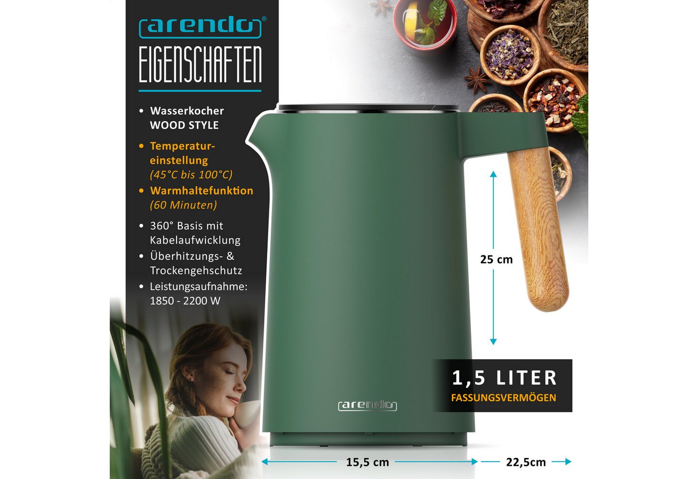 Arendo Wasserkocher Edelstahl, Doppelwand, Temperatureinstellung 45° - 100 °C mit Anzeige, 1,5 l, 2200 W, Warmhaltefunktion, 360° Basis, mit Griff in Holzoptik, – Bild 2 von 5